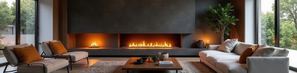 Wall Mural - Sleek fireplace, modern furniture, cozy living room , coffee table, space, upscale