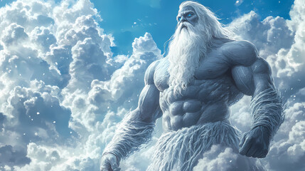 Wall Mural - Mythical ice giant towering over frozen landscape, muscular physique, long white beard, dramatic clouds, icy terrain, powerful presence. Ancient Ice Giants. Illustration