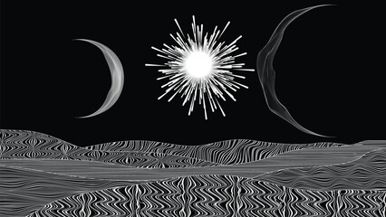 Wall Mural - star and moon in outer space. futuristic landscape, with lines texture . space landscape with moon a