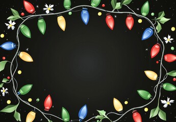 Poster - A dark background showcases Christmas lights along the edges, with branches of a Christmas tree adorned with colorful light bulbs, providing space for text and copy.