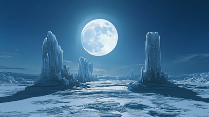 Ancient alien ruins in a frozen wasteland under a blue moon. Ancient Ice Giants. Illustration