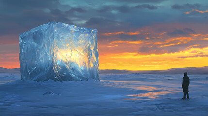 Wall Mural - Here's a possible response following your specifications. solitary figure gazing at a colossal, luminous ice cube in a desolate, snowy landscape under a twilight sky. Ancient Ice Giants. Illustration