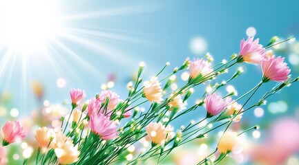 Wall Mural - Colorful blooming flowers under bright sunlight, vibrant garden scene, nature's beauty, floral arrangement, springtime joy, healthy living concept