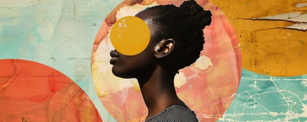 Poster - Modern art collage showcasing a young woman with a yellow circle covering her eye, symbolizing abstract ideas and contemporary art