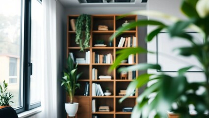 Wall Mural - A zoom background photo of a minimalist modern office with a bookshelf and plants