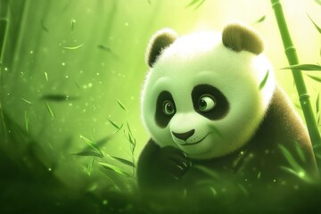 Fototapete - Panda portrait captured in lush bamboo forest with vibrant green backdrop suitable for customizing text. Generative AI