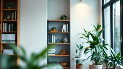 Wall Mural - A zoom background photo of a minimalist modern office with a bookshelf and plants