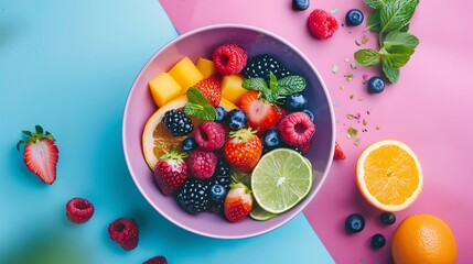 Poster - Delicious fresh fruit salad with mango, berries and citrus fruit on colorful background