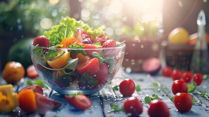 Poster - Overflowing glass bowl filled with fresh and colorful fruit salad