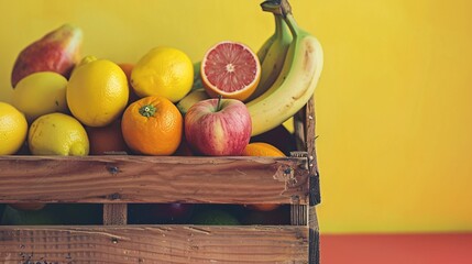 Poster - Vibrant yellow background highlights a rustic wooden crate overflowing with fresh, colorful fruit, promoting a healthy and vitamin-rich diet