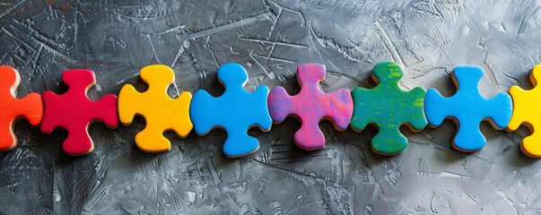 Poster - Vibrant jigsaw puzzle pieces arranged on a neutral gray surface
