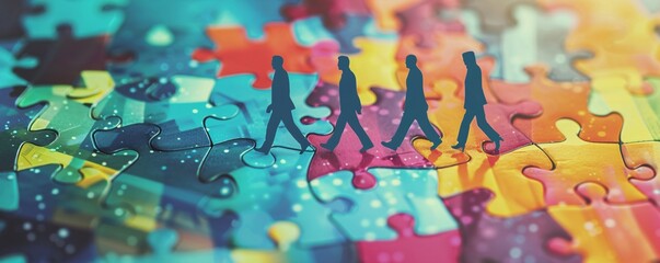 Aufkleber - Concept of teamwork and partnership with businessmen figurines walking on colorful puzzle