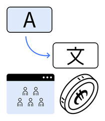 Language translation from English to East Asian script with arrow, website interface, and currency coin. Ideal for global trade, localization, e-commerce, digital apps, finance, communication