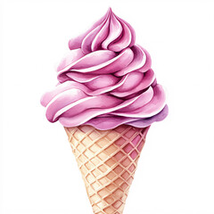 Wall Mural - Watercolor illustration of a tall, swirled pink ice cream cone against a plain white background.