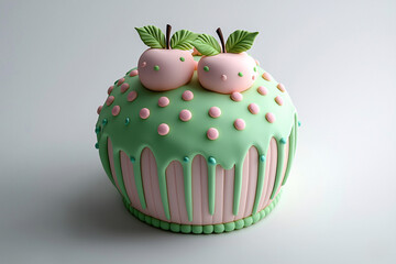 Canvas Print - Whimsical cake adorned with pastel pink apples, green frosting, and delicate polka dots.