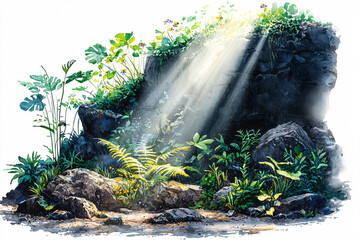 Wall Mural - Sunlight streams through lush greenery, illuminating a rocky outcrop and the plants thriving in its shadow.