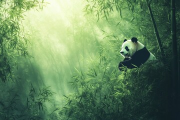 Sticker - Panda portrait in a serene bamboo forest with natural light creating a calming atmosphere for reflection and tranquility. Generative AI