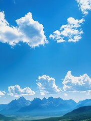 Poster - Majestic mountain range under soft clouds with endless blue sky waiting for adventure and exploration. Generative AI