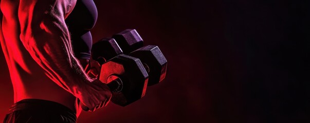 Muscular young male exercising with dumbbells in dramatic red lighting