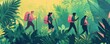 © Влада Яковенко - Diverse group hiking in lush jungle setting with backpacks and trekking poles