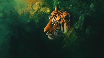 Poster - Vibrant portrait of a tiger set against a lush jungle background with ample room for text. Generative AI