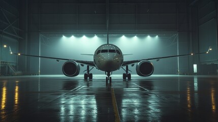 Wall Mural - Modern airplane parked inside a spacious hangar under dramatic lighting at night. Generative AI