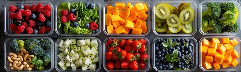 Wall Mural - Tray of fruit and vegetables on wooden table in kitchen with morning light copyspace for text healthy eating concept food delivery grocery store