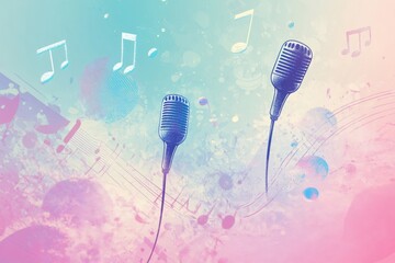 Fototapete - Minimalist K pop inspired background featuring vibrant music notes and microphones in a creative blend of colors. Generative AI