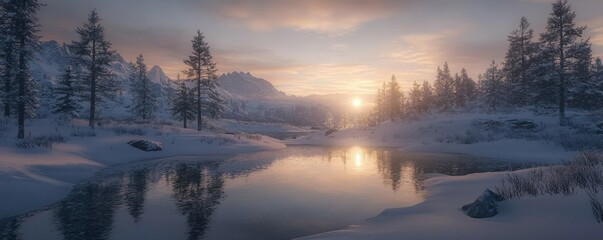 Canvas Print - Serene winter landscape: snowy forest and sunset reflection on calm river