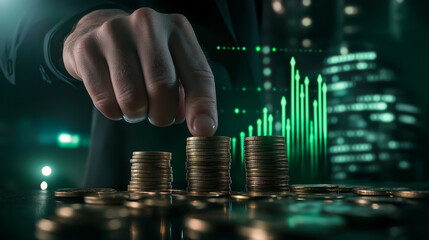 A close-up of a bankerâs hands stacking gold coins in perfect rows, while a financial chart with green upward arrows glows in the background.