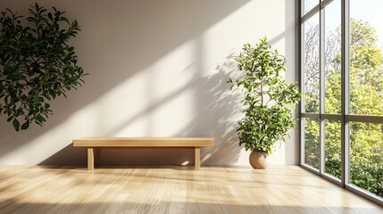 Wall Mural - Minimalist room interior with wooden bench, potted plants, and large window showcasing sunlight and trees.