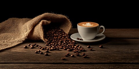 Wall Mural - Aromatic coffee beans spilling from burlap sack next to a cup of cappuccino on rustic wooden table.