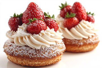 Canvas Print - Two strawberry-topped pastries dusted with powdered sugar and adorned with creamy swirls sit elegantly against a bright, white background.