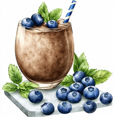 Wall Mural - Watercolor illustration of a chocolate smoothie in a glass with blueberries, mint and a striped straw.