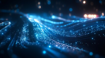 Poster - abstract blue glowing particles wave background.