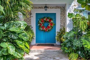 Sticker - Festive Christmas wreath adorns a teal front door, nestled amongst lush tropical foliage.