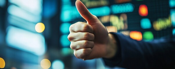 Poster - Businessman showing thumb up sign with stock market data screen in background