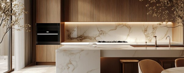 Modern kitchen with marble countertops and warm lighting