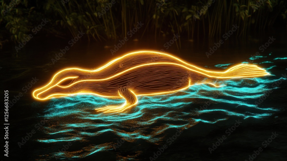 glowing-platypus-swimming-at-night-dark-plants-background-nature