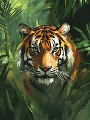 Aufkleber - Impressionist tiger portrait with vibrant jungle background and space for text about wildlife conservation. Generative AI
