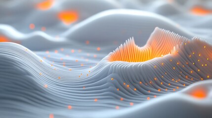Poster - abstract 3d rendering of a white undulating surface with orange glowing particles.