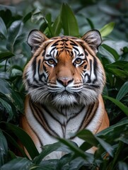 Poster - Majestic tiger portrait showcasing intense gaze amidst lush green foliage in a serene natural habitat. Generative AI