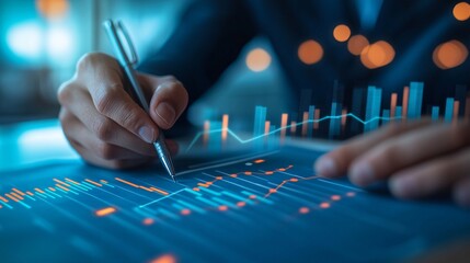Leinwandbilder - Businessman analyzing financial charts and graphs on digital tablet