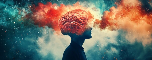 Poster - Man experiencing cosmic consciousness with brain merging into universe