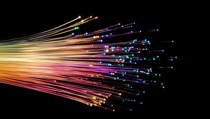 Canvas Print - Vibrant fiber optic strands glowing with colorful lights against a black background, representing technology and innovation in modern communication systems