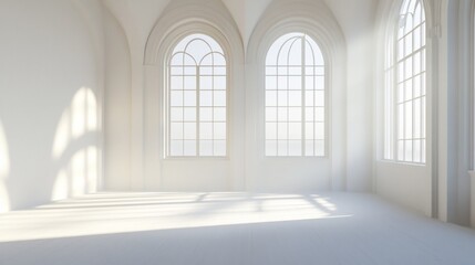 Poster - Sunlit minimalist white room with arched windows.