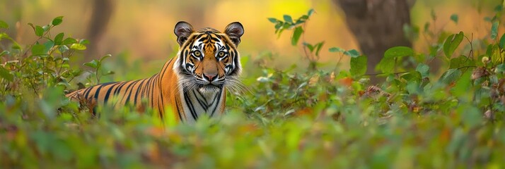 Aufkleber - Majestic tiger portrait with intense gaze in vibrant jungle habitat surrounded by lush vegetation. Generative AI