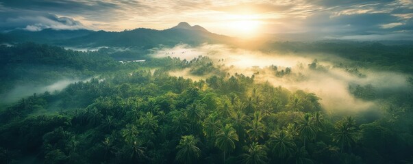 Canvas Print - Sunrise over tropical rainforest with misty landscape and distant mountain