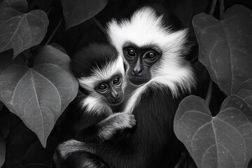 Poster - Black and white close-up of a mother monkey gently cradling her baby among lush foliage.