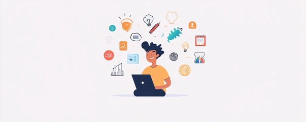 Poster - Young man brainstorming and planning a new business startup project while using a laptop to generate innovative ideas